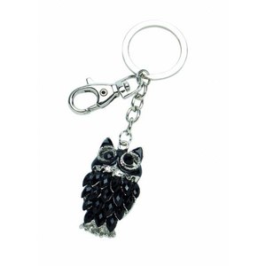 Portachiavi in vetro a forma di gufo nero con occhi di cristallo e catena per borse o chiavi - Product Image 1
