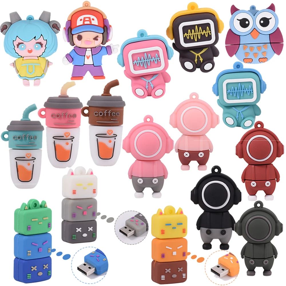 Super Cute Cartoon USB 2.0 Flash Drive Copo de Café Música Boneca Pen Drive 64GB Chaveiro Livre Cartoon Presente Criativo Memory Stick