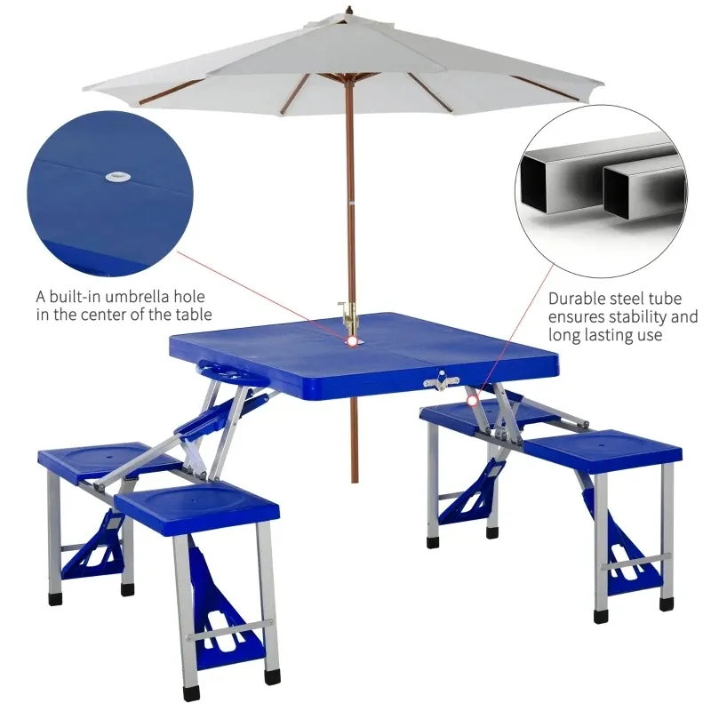 Mesa de piquenique dobrável portátil, mesa dobrável com furo para guarda-chuva, azul moderno, abs, acampamento, ao ar livre