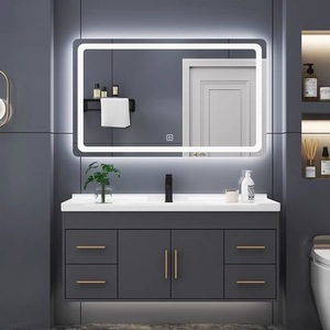 Meuble-lavabo mural gris contemporain avec miroir intelligent à LED et tiroir de rangement - Product Image 1