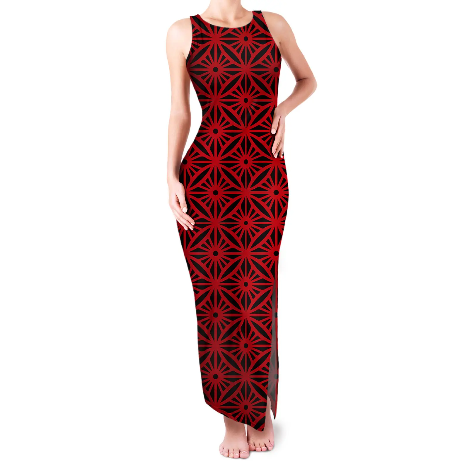 Impressão samoana Arte polinésia Tatuagens Designs Vestido longo Mulheres Sem Mangas Bodycon Vestidos de noite Casual Sexy Split Maxi Vestidos Vermelho