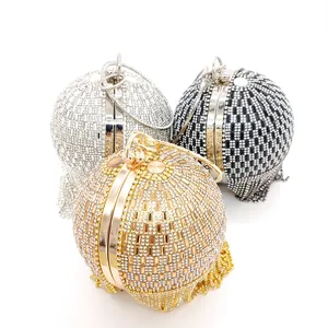 Newest Woman Gold Glitter Women Tassel Party Silver Purse Diamond Handbags Wedding Luxury Round Ball Clutch Ladies Evening Bag