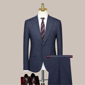 Personalizado de los hombres de color <span class=keywords><strong>azul</strong></span> <span class=keywords><strong>marino</strong></span> a rayas 3 piezas Delgado de negocios de un botón solapa con visera de doble ventilación de alta calidad conjunto de trajes de los hombres - Product Image 1