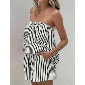 FOXA Women Striped Two Piece Set Summer Strapless Tube <b>Top</b> Shorts Matching Outfit <b>Y2K</b> Backless Lounge Wear - Product Image 4