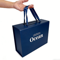 Boîte cadeau pliante avec poignée, en carton rigide, en papier bleu marine de luxe, impression personnalisée, grand couvercle magnétique