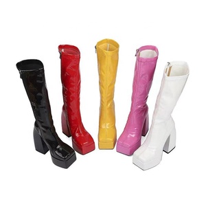 Fashion Square Toe Short Winter <b>Boots</b> Thick Platform High Chunky Heel Women's Knee High <b>Boots</b> Zipper Patent Leather 43 - Product Image 6