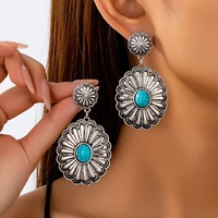 Boucles d'oreilles pendantes rustiques de style western avec concho, pour femme, en alliage plaqué argent antique, ornées de turquoise, pour cowgirl