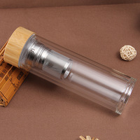 Bouteille d'eau en verre sans BPA, avec gobelet à thé en bois et BTea, Shaker d'alpinisme, feuille ample, infuseur, avec couvercle en bambou, de ml