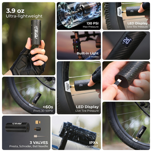 Pompe à <span class=keywords><strong>pneu</strong></span> électrique portable sans fil 130 PSI en plastique, écologique, <span class=keywords><strong>gonfleur</strong></span> automatique pour valve <span class=keywords><strong>Schrader</strong></span> VTT et vélo de route - Product Image 2