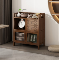 Honvidora Meuble à thé en bambou de style chinois moderne, double tiroirs latéraux, porte inférieure, étagère de présentation multifonctionnelle pour salon