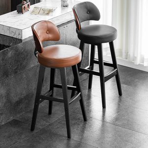 Tabouret haut nordique en bois massif avec dossier siège en cuir <span class=keywords><strong>de</strong></span> vachette <span class=keywords><strong>de</strong></span> luxe léger <span class=keywords><strong>chaise</strong></span> <span class=keywords><strong>de</strong></span> <span class=keywords><strong>bar</strong></span> simple pour meubles <span class=keywords><strong>de</strong></span> salon - Product Image 2