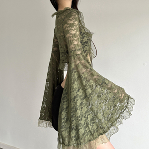 Couverture transparente en dentelle verte pour femme, cardigan court à manches évasées et à nouer sur le devant, haut de plage décontracté style Y2K - Product Image 3