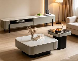 Luxury Minimalist Sintered Stone TV Stand, Rounded Corner Large Storage Drawer <b>Open</b> Compartment TV Cabinet For Living Room Home - Product Image 2