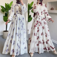 Abaya longue décontractée en mousseline florale à col rond pour femme, style moyen-oriental, avec ceinture incluse, vente en gros