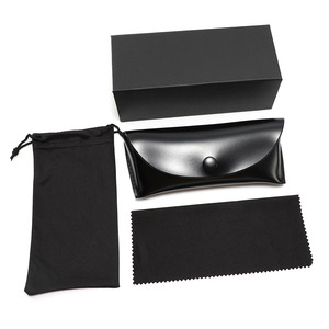 Estuche de cuero para gafas, rectangular, negro sólido, con caja y paño para almacenamiento y protección de gafas - Product Image 1