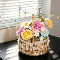 Panier de fleurs en coton fait main au crochet, fleurs mélangées colorées tricotées, arrangement floral artificiel au crochet, décoration moderne pour la maison