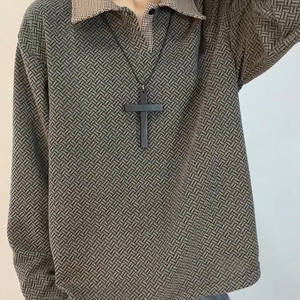 <span class=keywords><strong>Sweat</strong></span>-shirt à revers à carreaux américains, <span class=keywords><strong>sans</strong></span> <span class=keywords><strong>capuche</strong></span>, épais, à manches longues, style polo, haut de gamme, pour l'hiver, comme sous-vêtement ou couche de base - Product Image 3