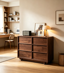 Midcentury Modern Solid Wood Storage Cabinet <b>6</b> <b>Drawers</b> Slab Doors Living Room Furniture - Product Image 1