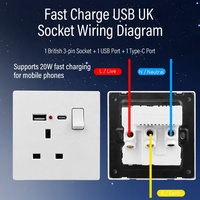 Interrupteur mural simple pôle 13A de haute qualité, norme britannique, avec indicateur et prise de courant USB Type-C à charge rapide