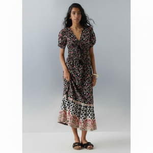 Vestido escalonado de algodón diseño floral negro Paisley - Product Image 1