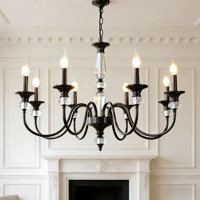 JACKSUN Lustre Noir à 8 Lumières Style Ferme, Suspension Vintage en Cristal, Réglable pour Couloir, Hall d'Entrée, E14
