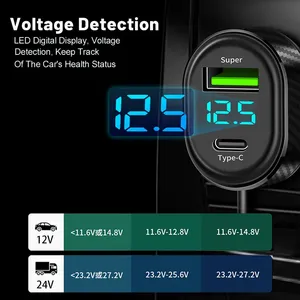 12V-24V 100W ที่ชาร์จในรถยนต์แบบ 5-in-1 สูงสุด 66W ชาร์จเร็วพิเศษ พอร์ต USB คู่+Type C พร้อมหน้าจอแสดงแรงดันไฟฟ้า <span class=keywords><strong>สาย</strong></span>ยาว 150 ซม. สำหรับ iPhone/Android - Product Image 5
