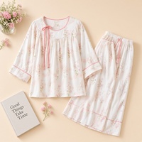 Ensemble de pyjama 2 pièces en coton de bambou style chinois, manches raglan trois quarts, longueur courte, doux et respirant, tenue de détente pour la maison