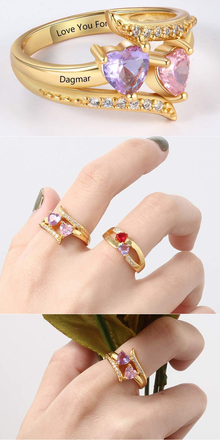 Coeur en plaqué or personnalisé Cubic Zirconia Bague en acier inoxydable Nom gravé Nom de mariage