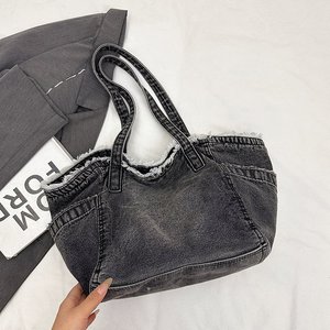 Washed Denim Canvas Women's Shoulder Tote <b>Bag</b> Summer New Style Fashionable Large-Capacity Zipper Closure Tanjing - Product Image 2