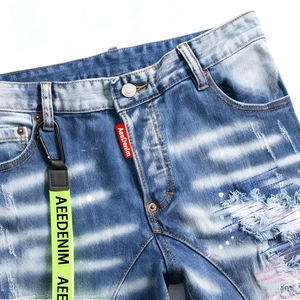 AeeDenim Vente en gros OEM Jeans droits pour hommes, style 'Penny', déchirés, avec patchs, stretch, peinture éclaboussée, panneau bleu, denim 'Beggar', écologique - Product Image 2