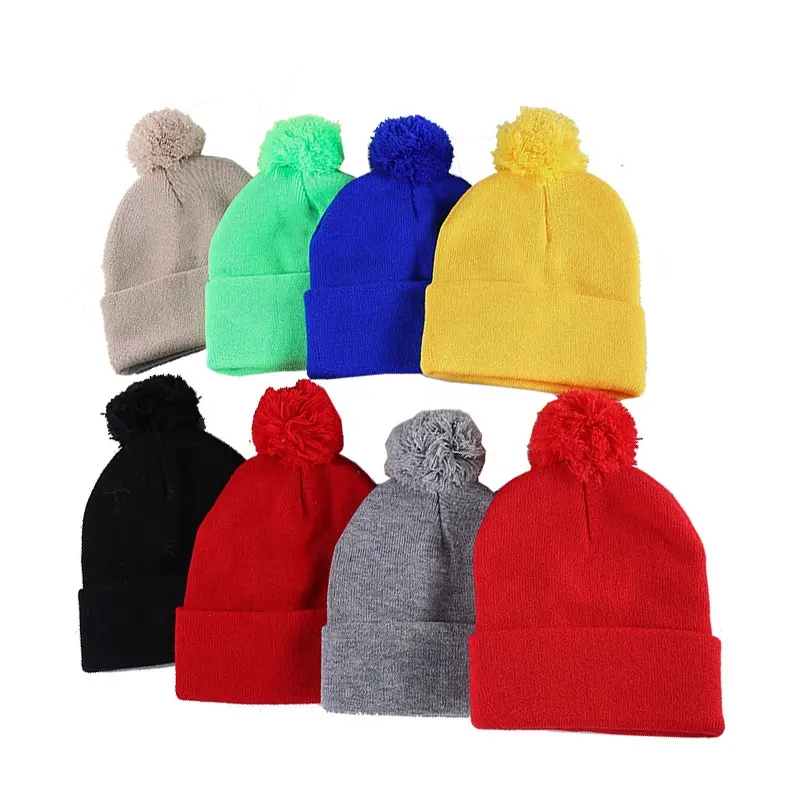 Lage Prijs Custom Borduren Massief Warm Tuque Winter Designer Acryl Jacquard Neon Gebreide Muts Winter Muts Met Pom Pom Hoed