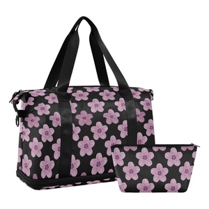 กระเป๋าเดินทางลายดอกไม้สีม่วง 2 ชิ้น แบบ Aloha Hawaii สำหรับเดินทางค้างคืน กระเป๋ากีฬา กระเป๋าถือสำหรับผู้หญิง พร้อมกระเป๋าใบเล็ก - Product Image 1
