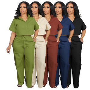 Conjunto de 2 Piezas GX269, Ropa <span class=keywords><strong>Casual</strong></span> de Moda 2024, Estilo Urbano, Camisa Corta con Solapa y Pantalones para Mujer - Product Image 1