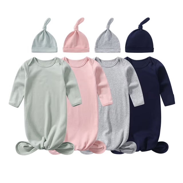 Custom Print Bamboo Spandex Newborn Knotted Baby Gown Sleeper Sleeping Sack Hat Set for Baby