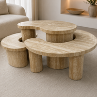 Table basse en travertin à profil bas avec plateau en pierre arrondi