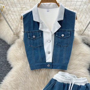 Conjunto de 2 piezas de mezclilla casual para mujer: chaleco sin mangas con solapa y pantalones rectos de cintura alta con pernera ancha, diseño de colores en contraste, a la moda. - Product Image 4