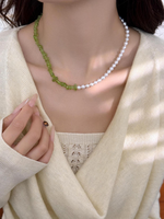 Collier tendance demi-perles demi-pierres de péridot, fait main, ras-de-cou en perles d'eau douce pour femme, fermoir OT, bijoux