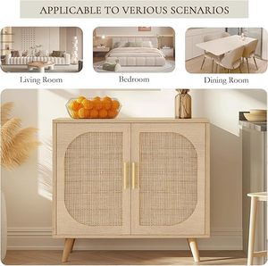 Étagère réglable en pin recyclé Armoire <span class=keywords><strong>de</strong></span> <span class=keywords><strong>rangement</strong></span> en rotin à 2 portes <span class=keywords><strong>Buffet</strong></span> <span class=keywords><strong>de</strong></span> bar à café en bois naturel pour le salon - Product Image 5