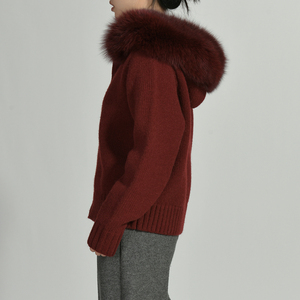 Bán Buôn Tùy Chỉnh Phụ Nữ Mỏng Mùa Đông Ngắn Dây Kéo Ấm Áp Mềm Len Dệt Kim Cardigan Lông Thú Thực Cổ Áo Trùm Mũ Phụ Nữ Cáp Đan Áo Len - Product Image 2