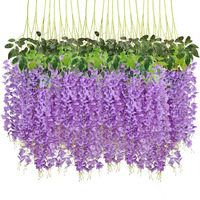 Vente chaude, pas cher, 12 pièces de fleurs artificielles en plastique, glycine suspendue, fleurs de glycine en soie suspendues pour mariage