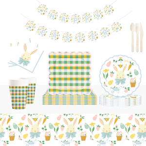 DAMAI - Artículos para Fiestas de Pascua, Plato a Cuadros Colorido con Diseño de Conejito de Pascua, Juego de Vajilla Desechable para Fiestas, Servilletas de Papel, Vasos, Platos - Product Image 3