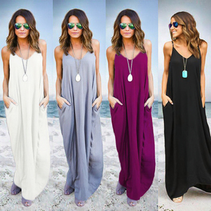 Summer <b>Boho</b> Breathable Eco-Friendly Maxi V-Neck Sleeveless Loose Fit Solid Color Chiffon <b>Long</b> <b>Dress</b> Pockets Women Casual Beach - Product Image 3