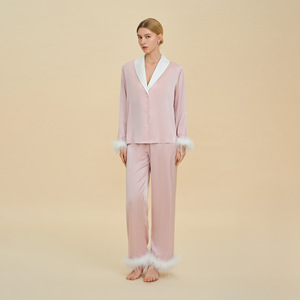 Ensemble de pyjama en satin pour femmes, manches longues, noir, rose pêche, garniture en plumes, vêtements de détente pour la maison, l'hôtel, la salle de bain - Product Image 2