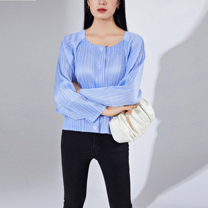 Kemeja wanita musim gugur, atasan blus kardigan berlipat terinspirasi Miyake lengan panjang Single-Breasted - Product Image 2