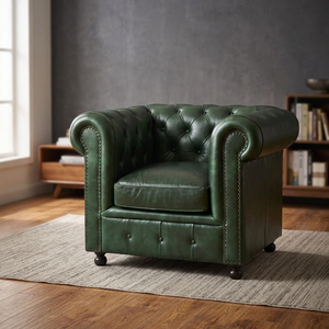 Canapé Chesterfield de luxe à une place en cuir véritable, fauteuil capitonné avec accoudoirs roulés, structure en bois massif, chaise longue classique pour chambre à coucher - Product Image 2