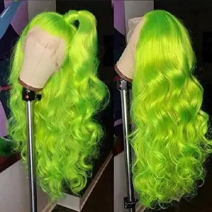 Wig depan renda gelombang tubuh longgar kualitas tinggi Wig rambut warna hijau cerah Ombre 13x4 Wig rambut sintetis tahan panas renda