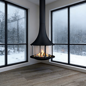 Cheminée suspendue centrale sur mesure, poêle moderne en bois avec bouclier en verre rond pour la maison - Product Image 1