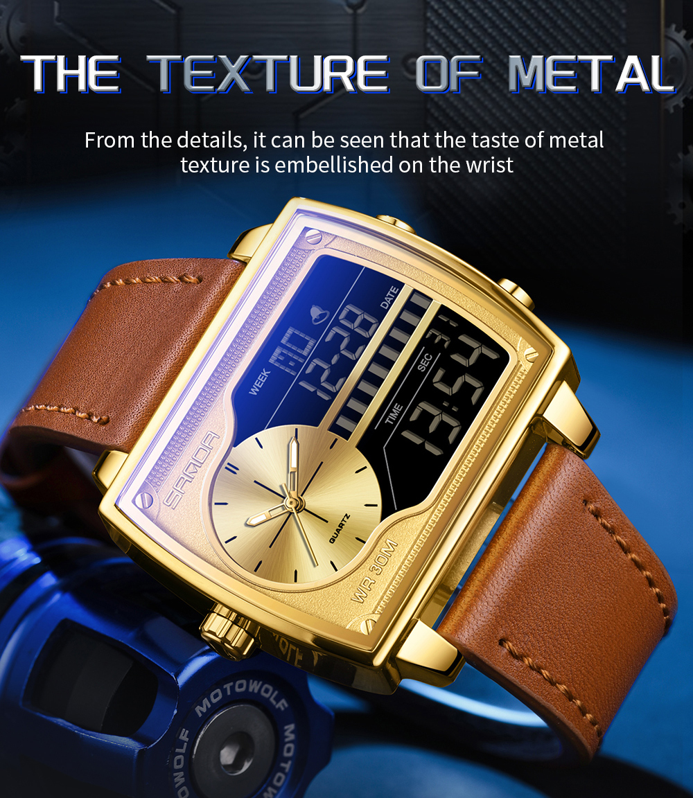 Sanda 6163 Quartz Digital Leather Wristwatch for Men - Waterproof