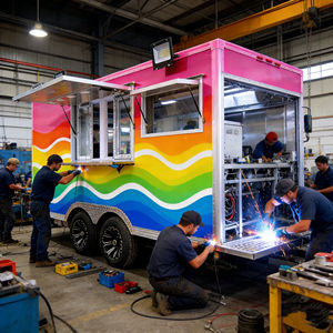 รถเข็นขายอาหารเคลื่อนที่ทรงสี่เหลี่ยมลายคลื่นสีรุ้ง พร้อมล้อคู่ สำหรับขายอาหารและเครื่องดื่มริมชายหาด - Product Image 4