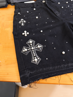 Jeans perlés et shorts en denim brillant pour hommes avec un style vintage pour les hommes surdimensionnés